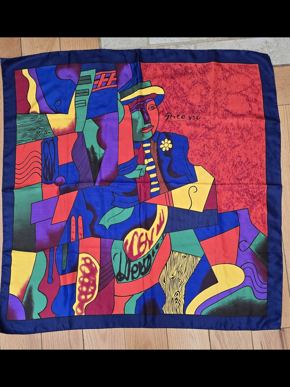 Vintage Picasso Art Scarf Polyester Large Square Cubist Portrait Colorful 35x35"